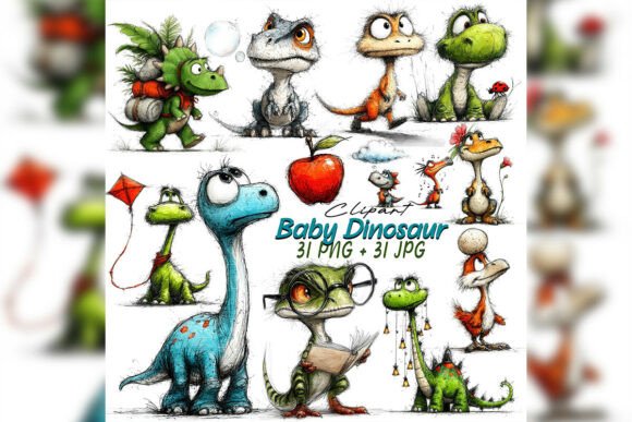 Bring Prehistoric Charm to Life with the Baby Dinosaur Clipart Set Watercolor