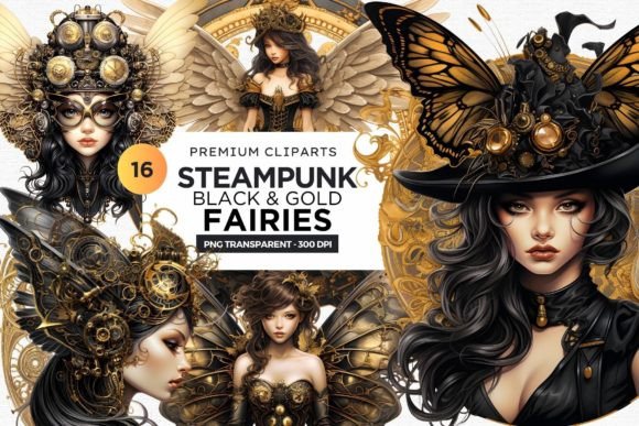 Steampunk Black and Gold Fairy Clipart