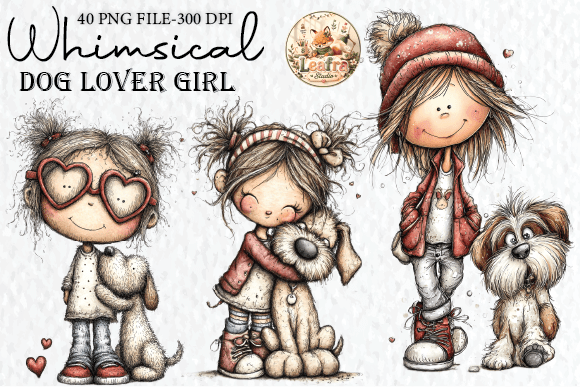 Whimsical Dog Lover Girl Clipart