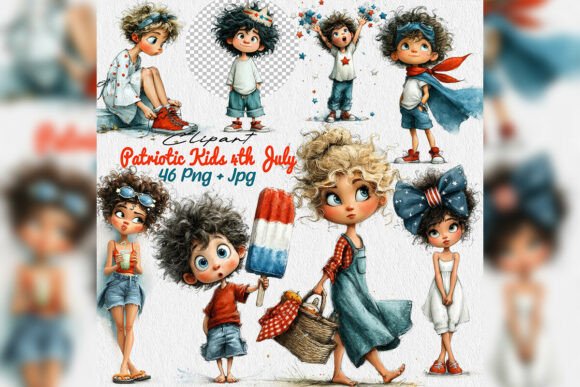 Whimsical Patriotic Kids Clipart Set: A Creative Resource for Independence Day