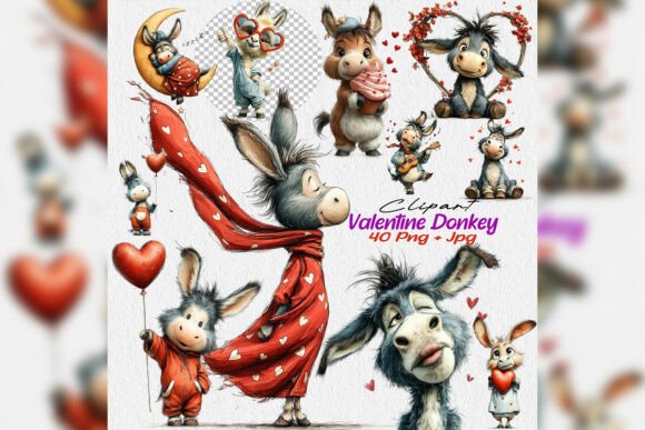 Whimsical Valentine Donkey Clipart Set: A Playful Twist on Romantic Design